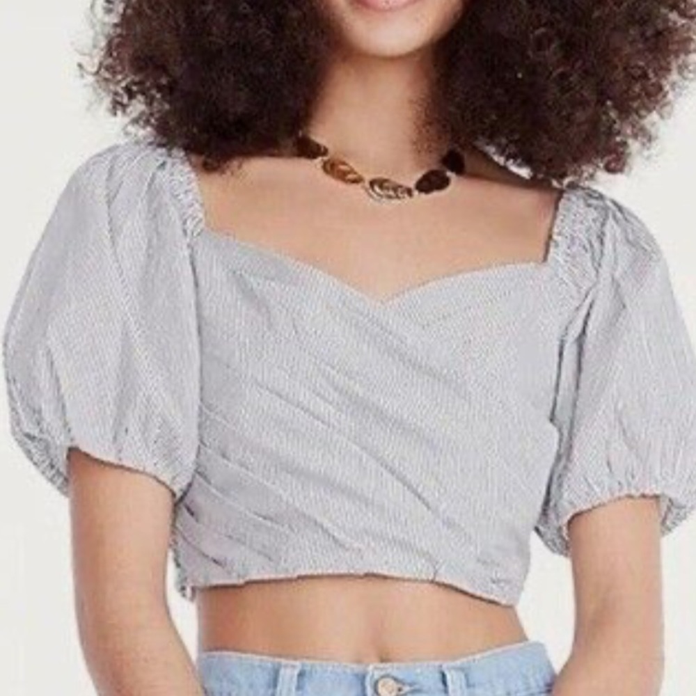 J Crew Puff Sleeve Organic Cotton Cropped Top Black and White Striped Si…